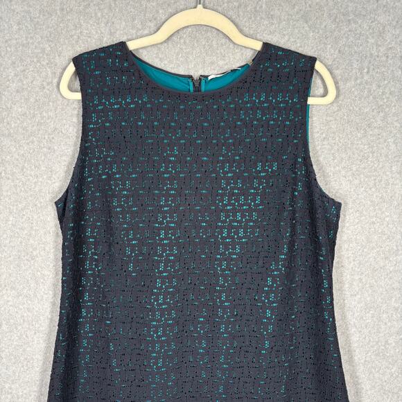 Tahari Dress 14 Navy Turquoise Lace‎ Sheer Mod Career Church Southern 50s Preppy - Picture 2 of 15